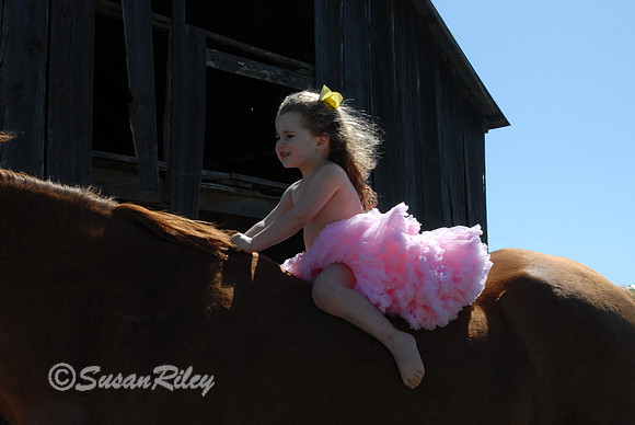 Child on horse near barn, photographer Susan Riley